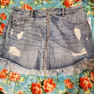 Garage blue Jean frindge skirt with front Zipper